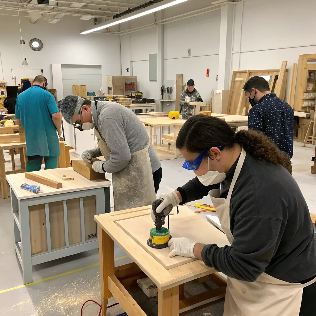 Participants working on furniture restoration projects in a workshop
